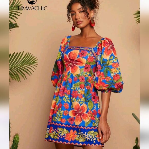 Floral Blue Dress with Red and Orange Accents - Picture 1 of 10